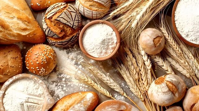 assorted breads and grains on a marble surface.