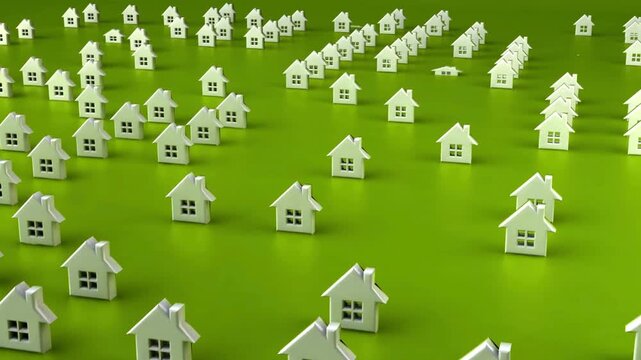 Dynamic aerial view capturing many white miniature houses scattered across a vibrant, smooth lime green surface representing real estate growth