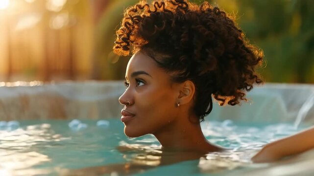 Side profile of a serene young woman with curly hair enjoying a moment of peace and tranquility while bathing in a hot tub outdoors