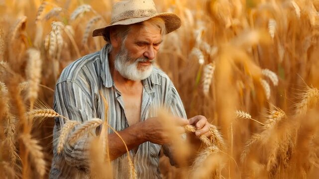 A man in a straw hat and striped shirt is engrossed in examining wheat stalks in a wheat field. The sun casts a warm, golden hue over the scene.