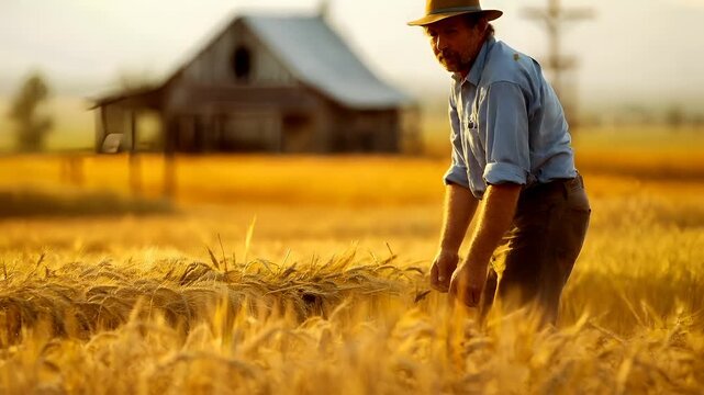 A man in a blue shirt and brown hat is bending over in a wheat field during sunset. The sun casts a warm, golden hue over the scene.