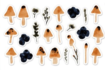 Stickers Show Various Mushrooms and Berries Designed for Craft Activities