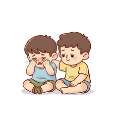 Child Comforting Crying Friend, Emotional Support and Empathy Cartoon Illustration
