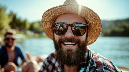 Close-up of a handsome bearded man in a straw hat and sunglasses laughing. His friends are reflected in his lenses during a sunny day out