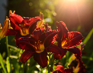 Dramatic red lily flowers sunlight beauty in natural garden setting