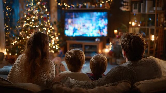 Happy family of four sitting on a sofa watching a movie on tv in a cozy living room decorated for christmas holiday with a lit tree