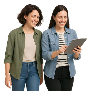 Two smiling young women standing together looking at a tablet computer with a happy expression isolated on transparent background