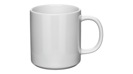 Classic white ceramic coffee mug with handle, isolated on transparent background for easy customization and mockup use