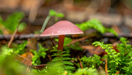 Delicate forest mushroom growing in a lush green fern undergrowth setting