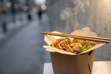 Steaming chicken noodles with vegetables in a takeout box