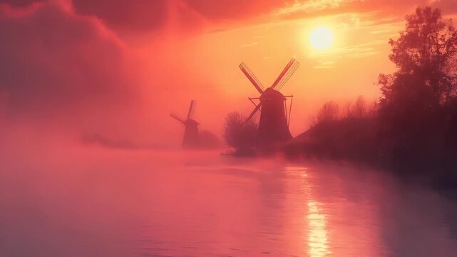 A vivid portrayal of a serene sunset over a misty landscape with windmills. The sky is painted in a gradient of fiery oranges and reds, with the sun casting a warm glow over the scene.