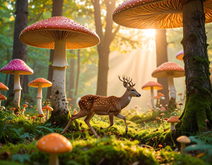 Deer in enchanted forest with large mushrooms and sunbeams
