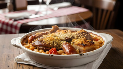 Hearty Cassoulet Dish Steaming on a Rustic Wooden Table.