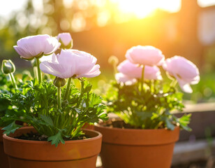 Delicate pink buttercup flowers in terracotta pots with warm sunlight background