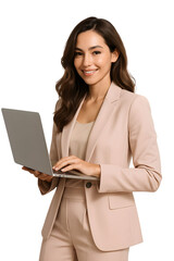Smiling young businesswoman in a beige suit holding a laptop and looking at the camera isolated on transparent background
