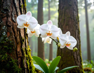 Delicate white orchid blooms on mossy tree trunk in lush forest