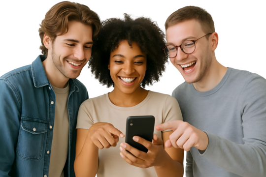 Three diverse young friends laughing together while looking at a smartphone screen isolated on transparent background - Powered by Adobe