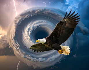 Eagle soaring in front of swirling storm strong wild bird in weather
