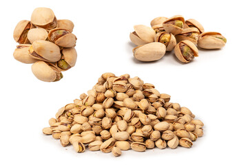 Tasty pistachios isolated on a white background.