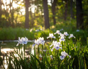 Delicate white flowers bloom in a sunlit forest meadow in early spring