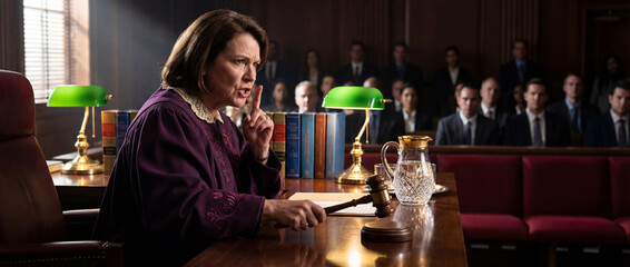 Courtroom scene with judge presiding over important trial