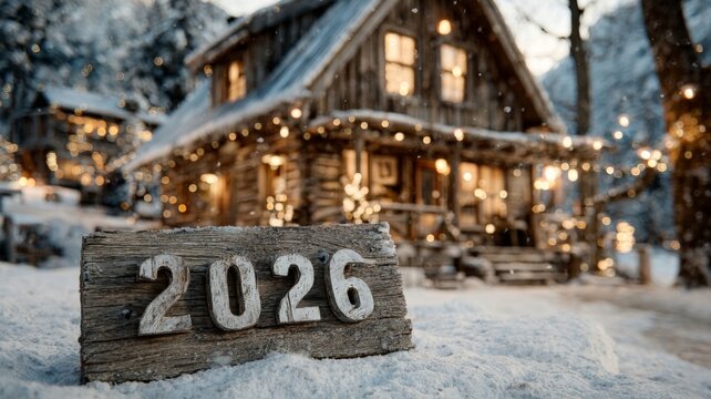 A serene winter landscape featuring a rustic wooden "2026" sign in the snow, with a cozy cabin glowing warmly in the background under falling snow.