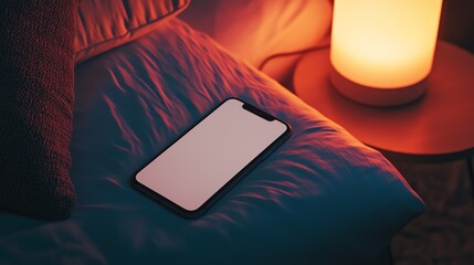 Smartphone with a blank screen lies on a neatly made bed with blue sheets. mock up concept