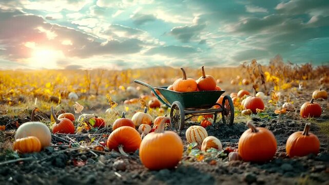 A vivid portrayal of a pumpkin patch during autumn. The main subject is a wheelbarrow filled with pumpkins, set against a backdrop of a sunlit field. The pumpkins are a bright orange.