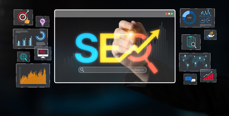 SEO concept for improving SEO visibility, with SEO related digital tools and SEO performance icons shown in an focused layout for strategic marketing. Spline