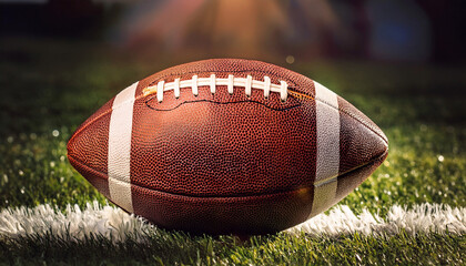 A classic American football rests on a grassy field under warm stadium lighting. Detailed leather texture and stitching create an action-filled sports atmosphere, symbolizing competition.