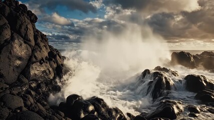A dramatic seascape featuring rocky cliffs and powerful waves crashing under a cloudy sky during daytime