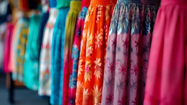 Holiday shopping season. Retail business promotion concept. A closeup of colorful dresses hanging on a rack, showcasing a variety of patterns and colors.