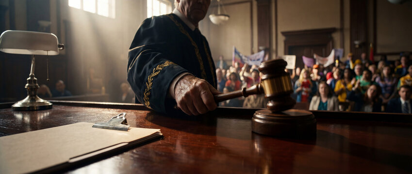 Court session in a busy courtroom with a judge and audience present - Powered by Adobe