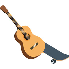 Fototapeta premium Acoustic Guitar Resting On A Skateboard With A Dark Background Minimalist Vector Art