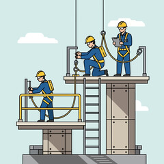 Construction workers performing tasks at height on industrial platform. © dimas