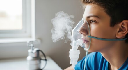 Young boy wearing an oxygen mask, sitting by a window, with mist from the nebulizer, illustrating the challenges of respiratory illness and the importance of health care