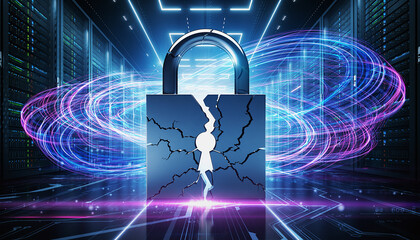 Data Breach Concept Cracked Lock on Server Room Background, Cybersecurity Vulnerability, Data Protection, Network Security