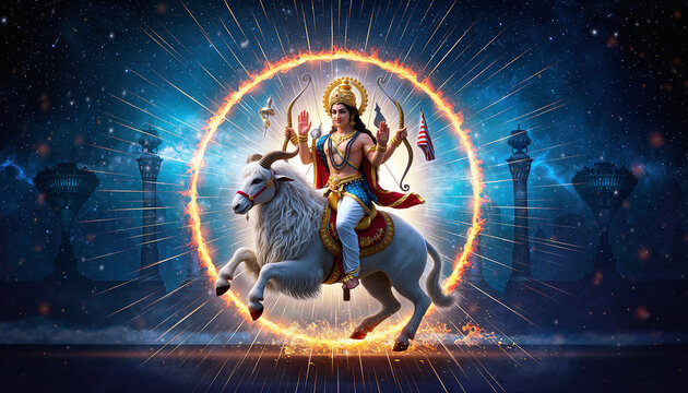 Majestic Hindu Deity Surya Riding a Goat, Glowing Aura, Arrows, Bow, Divine Illustration, Mythology, Religious Art.