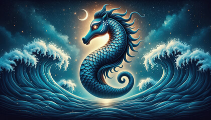 Fototapeta premium Majestic Seahorse in Ocean Waves with Night Sky, Fantasy Art, Moon, Stars, Mythical Creature Illustration.