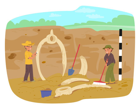Little children playing archaeologists and paleontologists engaged in history imaginative discovery