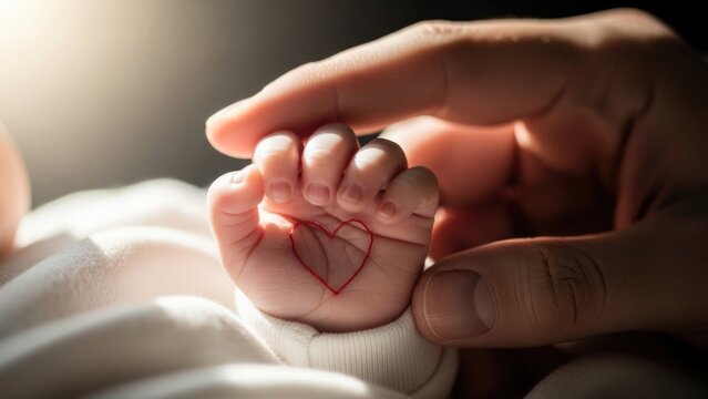 Congenital Heart Defect Awareness Week, baby hand holding adult finger, red heart thread symbolizing love, healing, care, hope, newborn health, support, compassion