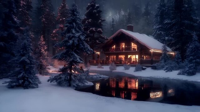 A snowy, atmospheric scene featuring a log cabin nestled amidst a dense forest. The cabin is illuminated from within, casting a warm, golden glow on the snowcovered roof and walls.