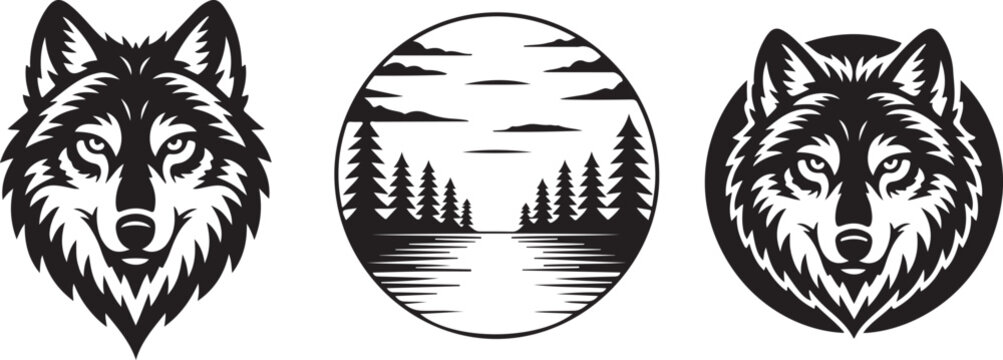 Three different artistic vector illustrations of a wolf head and a nature landscape in a circle