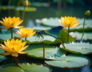 Dragonfly resting gracefully on water lily in a calm pond environment