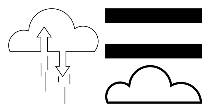 Cloud with vertical arrows for data transfer and parallel bars inside another cloud. Ideal for technology, data exchange, cloud computing, networking, internet, communication, and storage simple flat