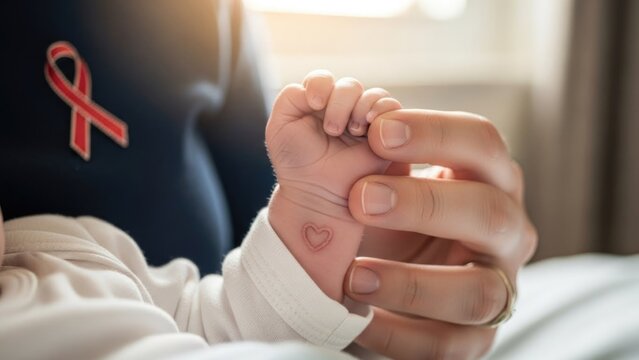 Congenital Heart Defect Awareness Week, baby hand held gently, heart symbol on wrist, red ribbon symbolizing support, healthcare compassion, early diagnosis