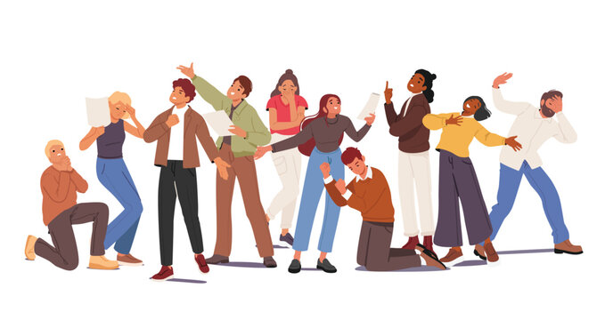 Diverse group of men and women cartoon characters expressively acting role play isolated on white