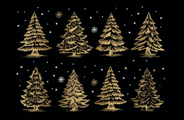 Christmas gold tree set on black. Hand drawn illustration.	
