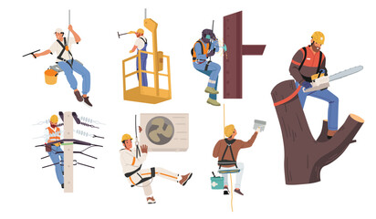 Industrial climbers workers cartoon characters using height safety equipment isolated set on white © Anna Syvak