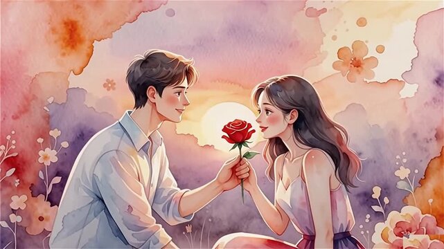Moment of Forever &mdash; Man Proposing Woman with Red Rose, Watercolor Style Romance, Love Proposal Animation